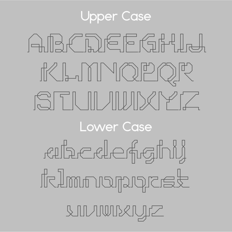 May include: A graphic design font alphabet in uppercase and lowercase letters. The font is a geometric sans-serif style with a futuristic look.