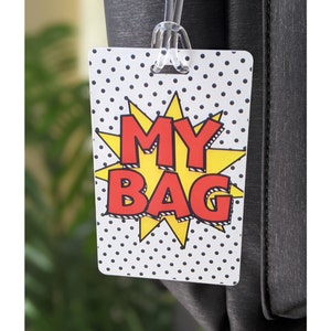 MY BAG Comic Book Style Luggage Tag, Superhero Tag, Colorful PERSONALIZED Luggage Tag, Comic Pop Art Bag Tag, Funny Luggage Tag for Kids