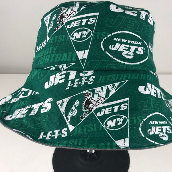 Gray Stretch Denim Reversible Bucket Hat Of New York Jets NY J-E-T-S Fabric