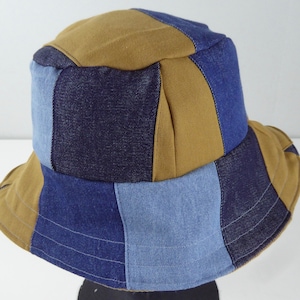 Patchwork Cotton Denim and Corduroy Reversible Bucket Hat Fine Wale