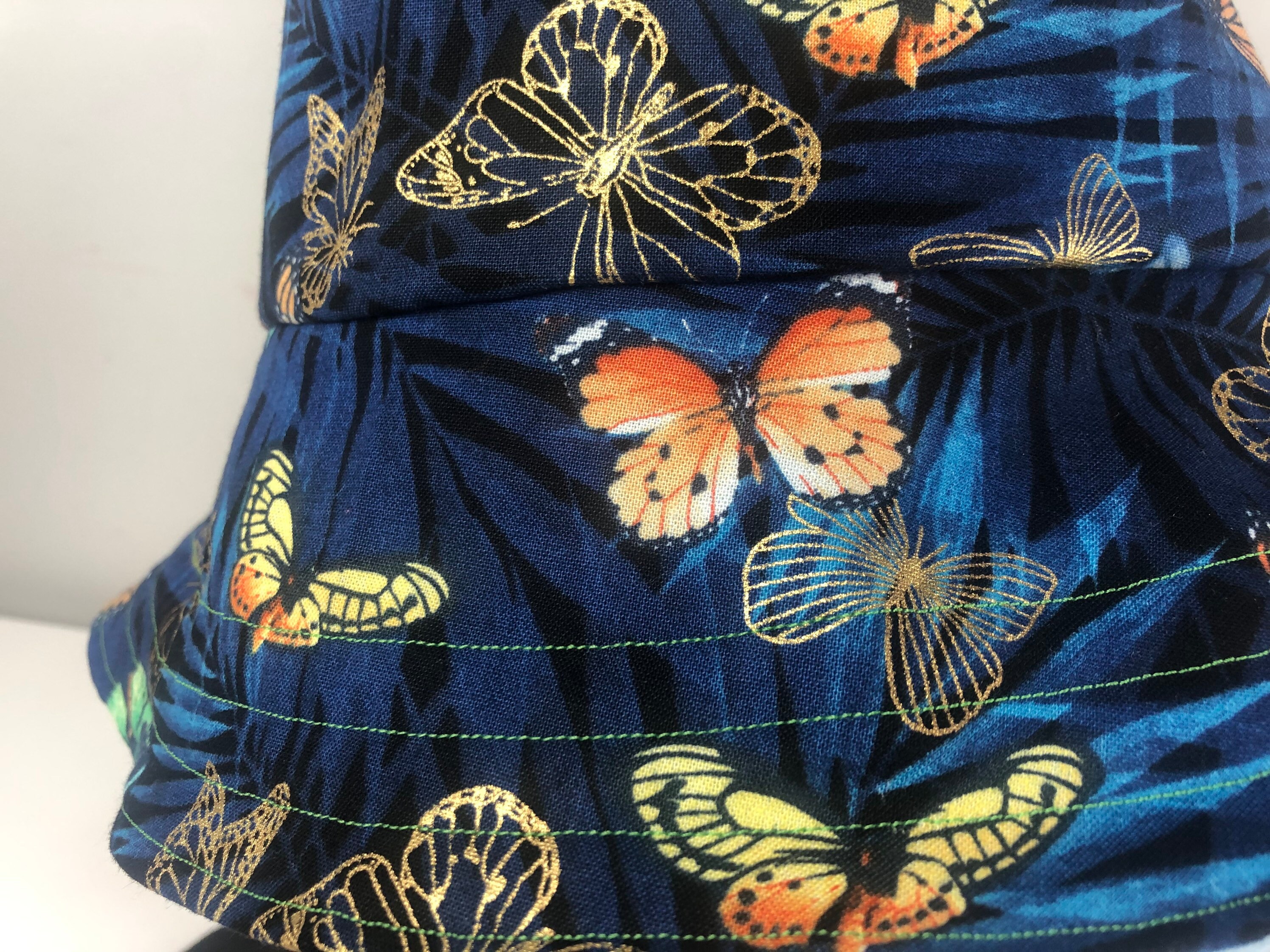 Reversible Butterfly Bucket Hat: Denim & Metallic Monarchs  display picture 2