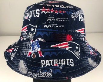 Stretch Denim Reversible Bucket Hat of New England Patriots Fabric