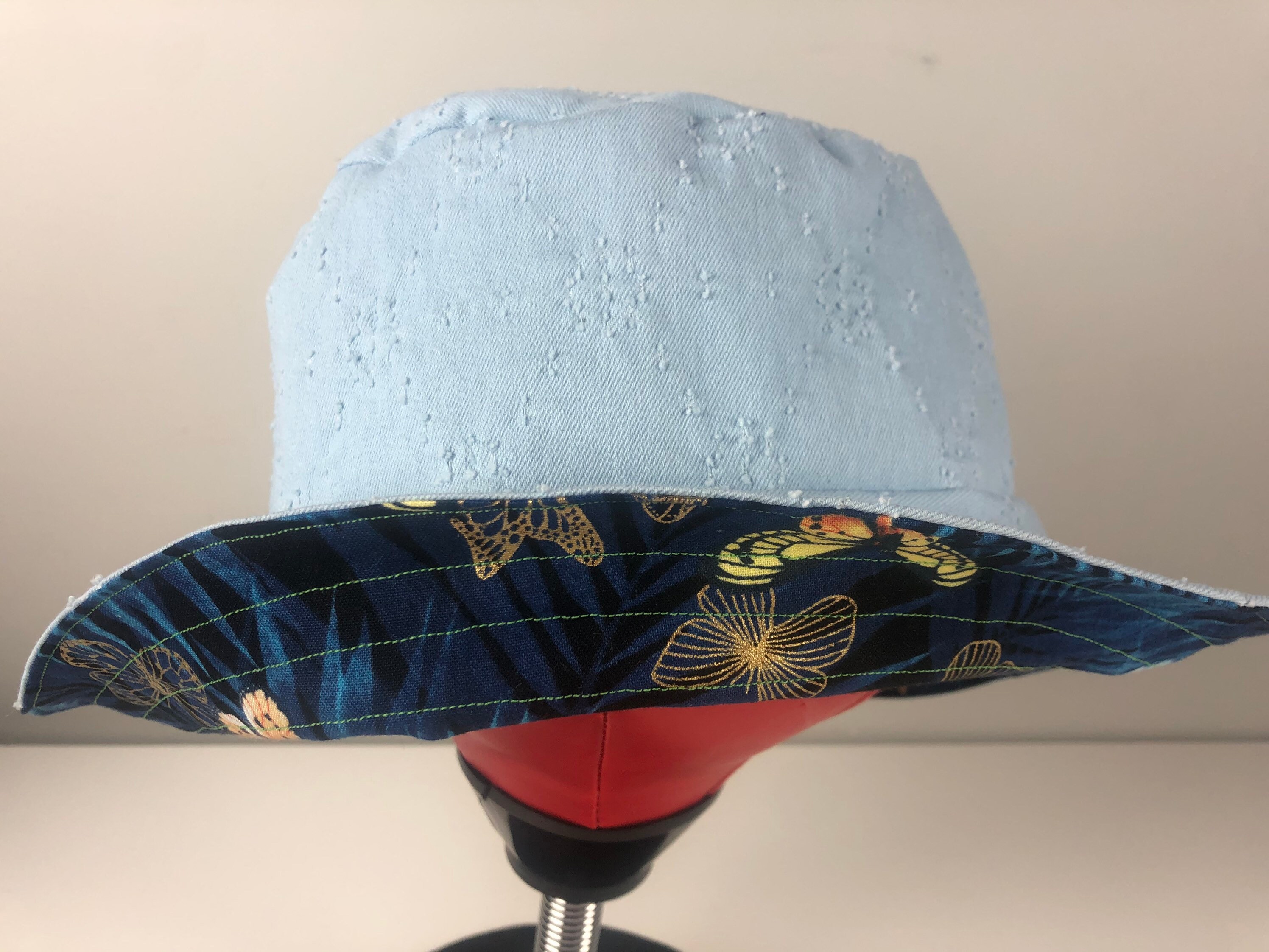 Reversible Butterfly Bucket Hat: Denim & Metallic Monarchs  display picture 3