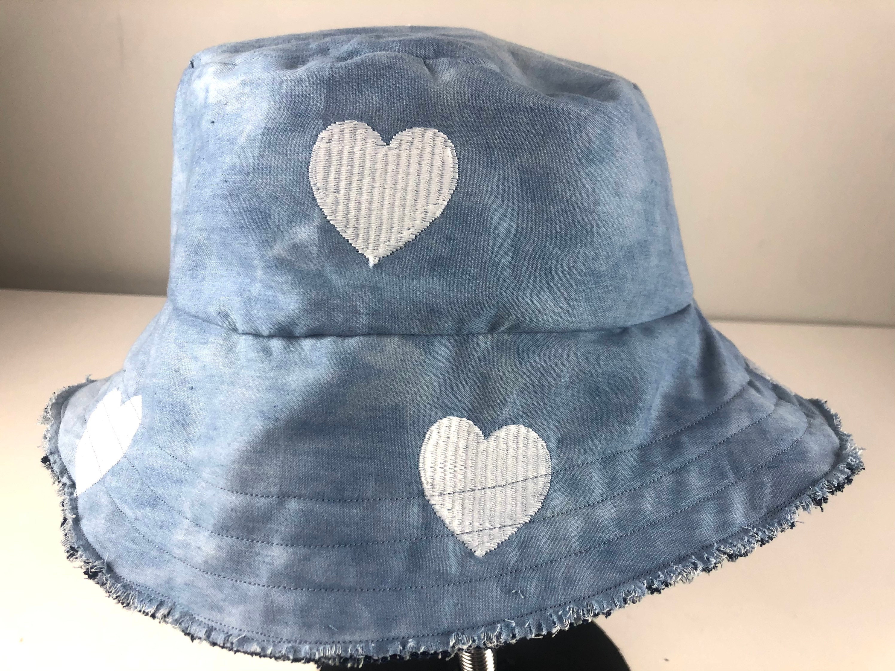 Reversible Denim Bucket Hat: Embroidered Hearts, Frayed Edge  display picture 1