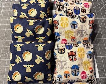 Cornhole Bags Duck Canvas Lined Microsuede Slide & Stay Stick Set of 8 Regulation Size of Star Wars Mandalorian Grogu Fabric