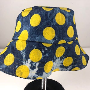 Lemon Drop Yellow Polka Dot Tie Dye Chambray & Stretch Striped Blue Cotton Denim Reversible Bucket Hat Spring Summer Vacation