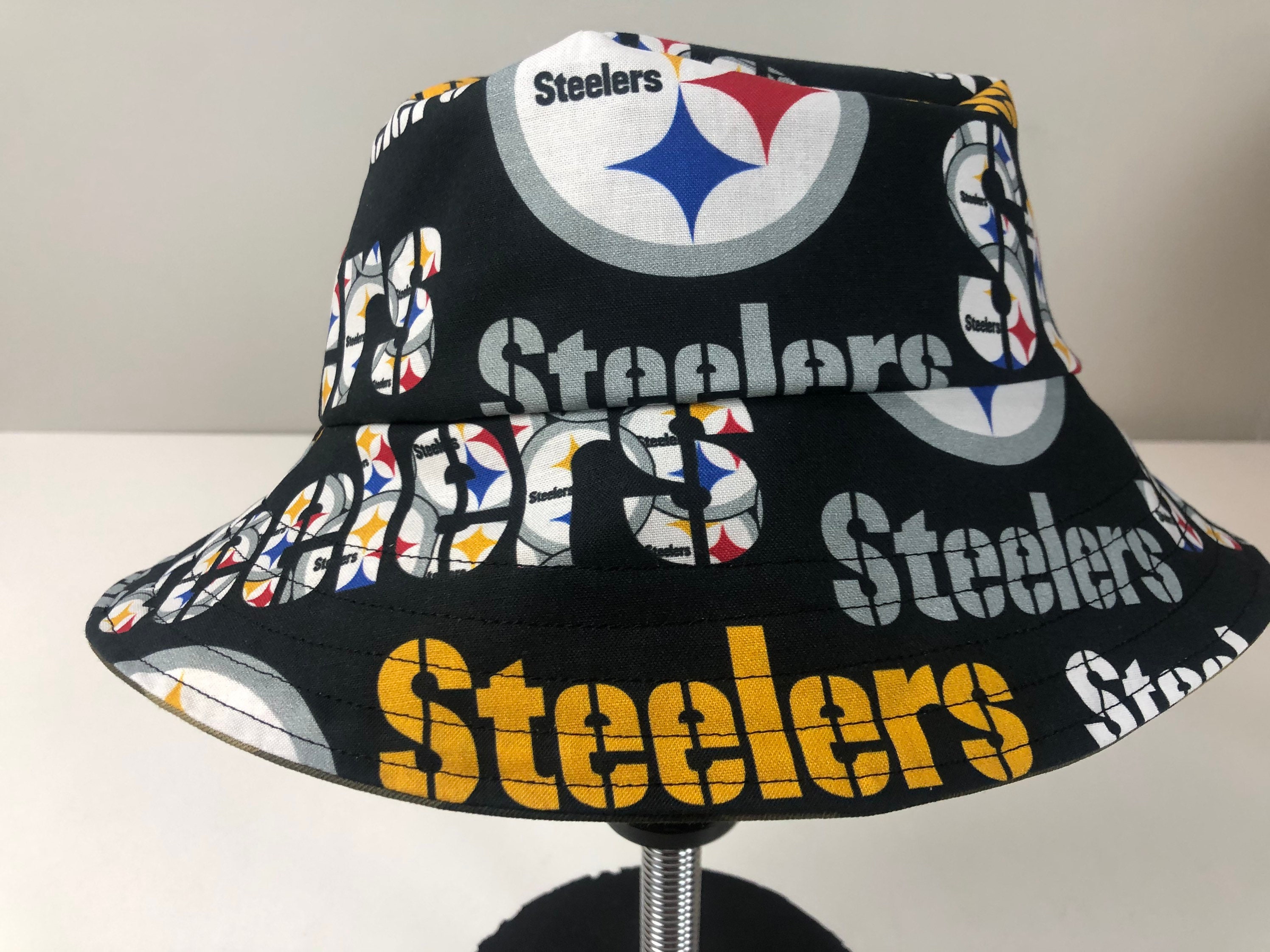 Camo Denim Reversible Bucket Hat of Bold Pittsburgh Steelers Fabric 