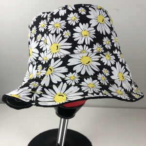 Daisy Flower Cotton and Linen Reversible Handmade Summer Bucket Hat Black & White Floral Daisies