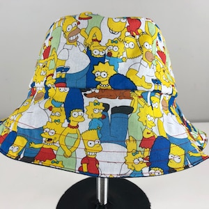 Cotton Stretch Denim Reversible Bucket Hat of Cartoon TV Show Simpsons Homer Bart Marge Lisa Fabric