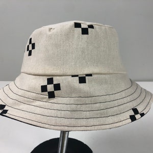 Cotton Canvas Geometric Design Reversible Bucket Hat Neutral Canvas on Black Linen Reverse Vacation