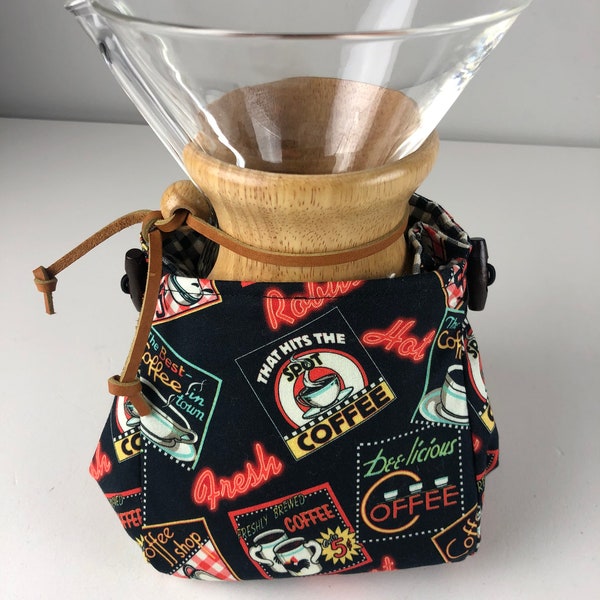 Handcrafted Thermal Warming Cozy for Chemex Pour Over Coffee Pot Carafe 6 or 8 cup Pourover Diner Cotton Coozy