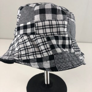 Patchwork Cotton and Linen Reversible Handmade Summer Bucket Hat Black & White Neutral