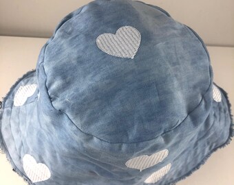 Buy Reversible Denim Bucket Hat: Embroidered Hearts, Frayed  display picture 2