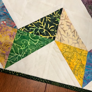 Pu&ograve; includere: Un pezzo di tessuto trapuntato caratterizzato da un motivo geometrico di forme triangolari in stampe batik gialle, verdi, blu e viola, intervallate da sezioni di tessuto bianco tinta unita. I bordi sono rifiniti con un bordo verde scuro a pois.