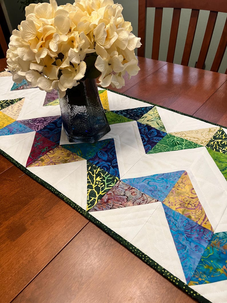 Pu&ograve; includere: Un runner da tavola trapuntato rettangolare caratterizzato da un motivo geometrico di triangoli bianchi intervallati da triangoli in tessuto batik multicolore nelle tonalit&agrave; del blu, verde, giallo e viola, rifinito con un bordo verde scuro maculato.