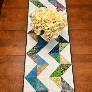 Pu&ograve; includere: Un runner da tavola trapuntato rettangolare caratterizzato da un motivo a zigzag di triangoli in tessuto batik multicolore intervallati da triangoli bianchi a tinta unita. Il runner ha un bordo verde scuro e un bouquet di fiori color crema.
