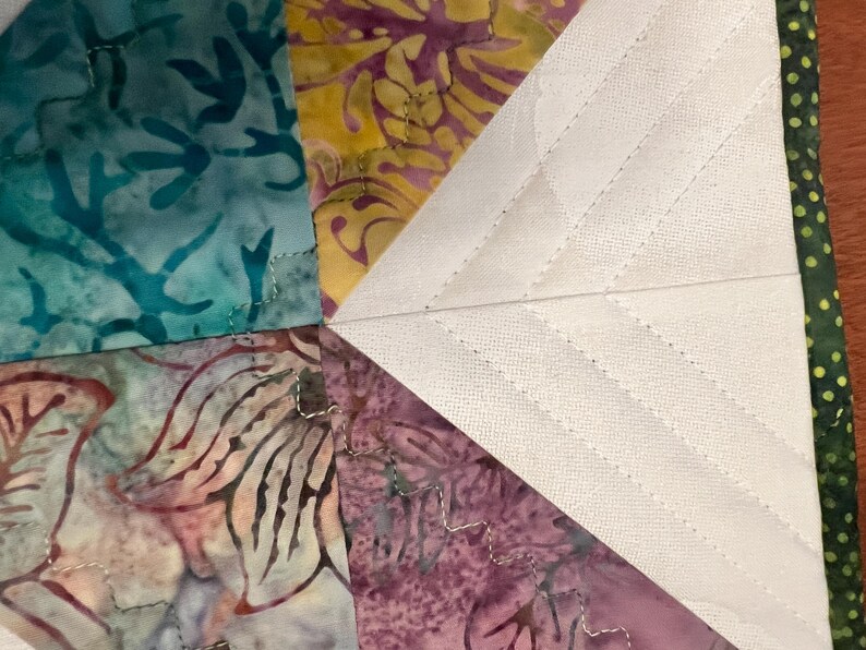 Pu&ograve; includere: Un pezzo di tessuto trapuntato con sezioni triangolari in motivi batik turchese, giallo e viola accanto a una sezione triangolare bianca unita con cuciture diagonali. Un bordo verde scuro con piccoli punti gialli rifinisce il lato.