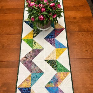 Pu&ograve; includere: Un runner da tavola trapuntato rettangolare caratterizzato da un vivace motivo a zigzag realizzato con triangoli di tessuto batik multicolore nelle tonalit&agrave; del blu, viola, giallo e verde, a contrasto con sezioni bianche e un bordo verde scuro.