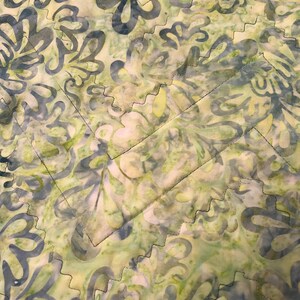 Pu&ograve; includere: Un tessuto trapuntato con un motivo in stile batik caratterizzato da forme floreali astratte in tonalit&agrave; verde chiaro, lime e blu tenue. Il tessuto &egrave; cucito con un distinto motivo a zigzag che crea una griglia geometrica sulla superficie.