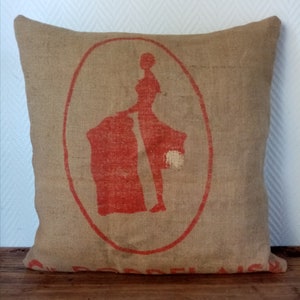 &quot;PHOSAMO&quot; cushion cover in jute canvas, old recycled fertilizer bag, 50X50cm