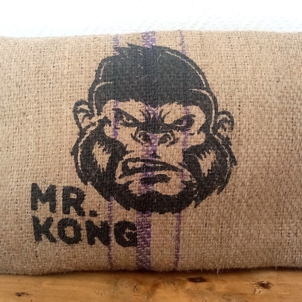 Housse de coussin "MR KONG" en toile de jute, sac de café recyclé du Rwanda, 30X50cm