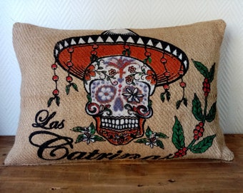 LAS CATRINAS cushion cover in burlap, recycled coffee bag from Mexico 40X60cm Limited edition!!!