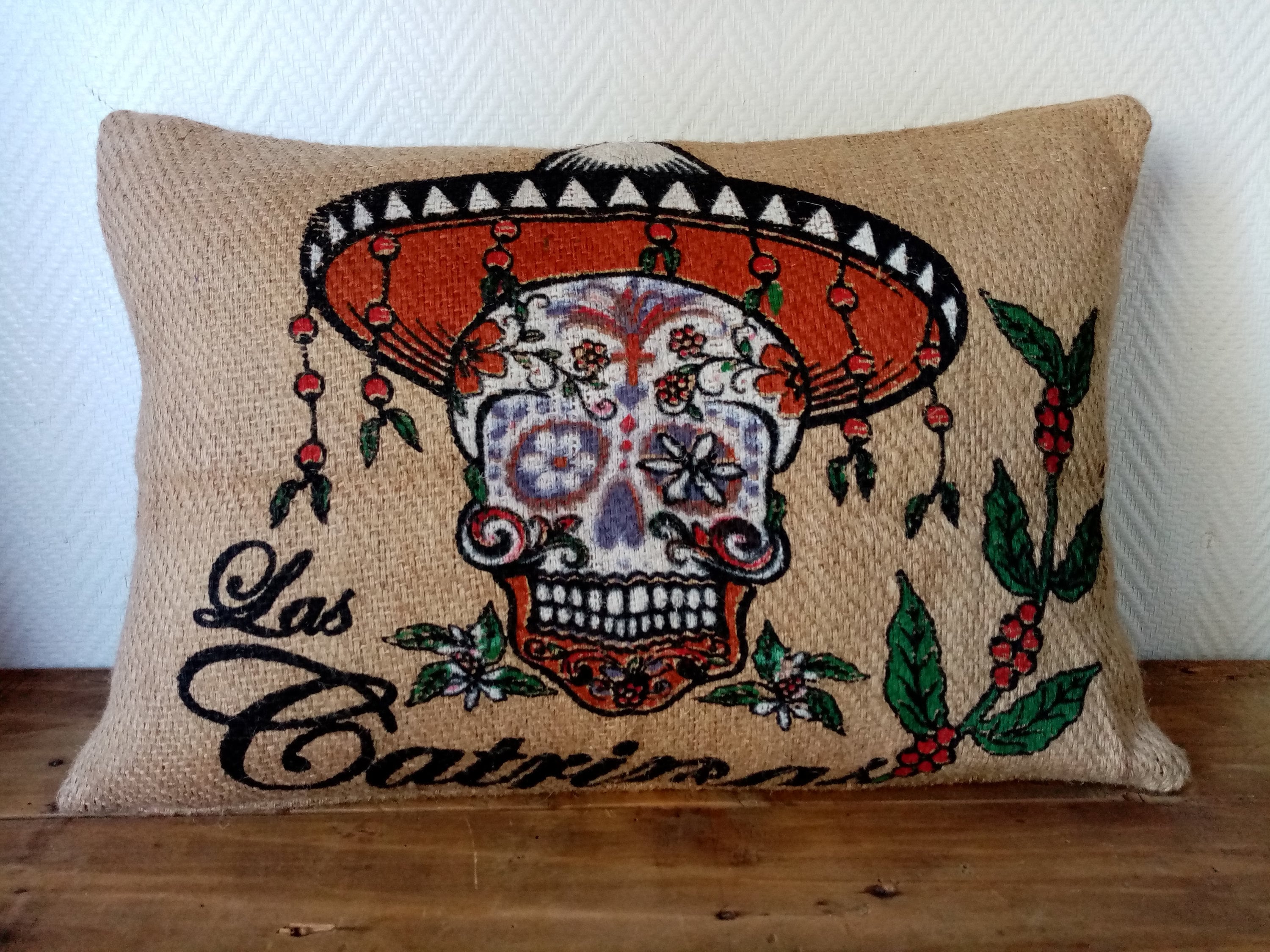 Housse de Coussin Las Catrinas en Toile Jute, Sac à Café Recyclé Du Mexique 40x60cm Edition Limitée