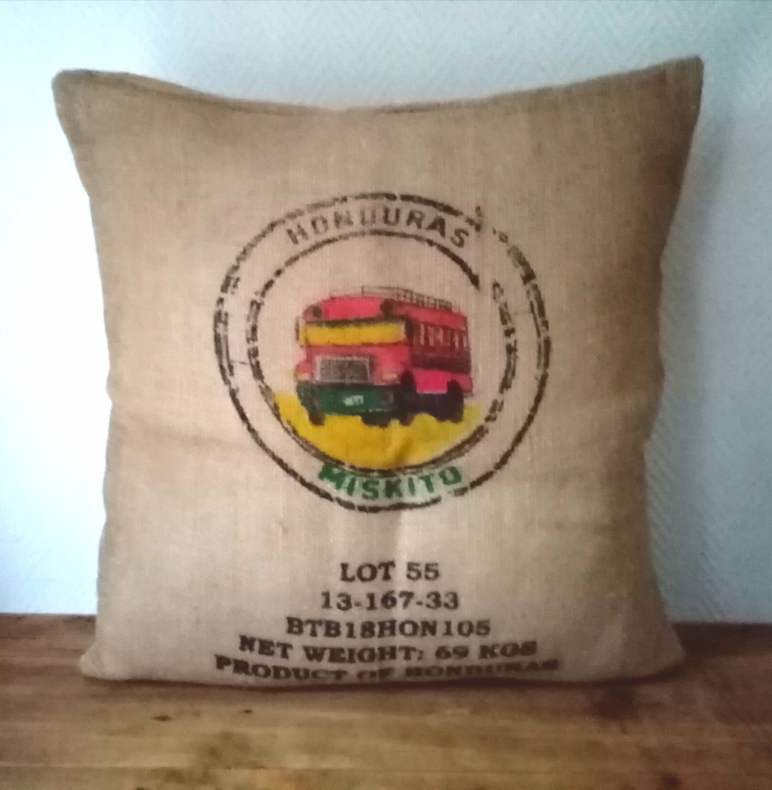 Housse de Coussin Miskito en Toile Jute, Sac à Café Recyclé Du Honduras, 60x60cm