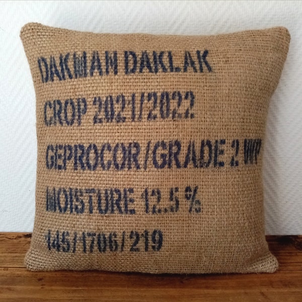 Housse de coussin "DAKLAK" en toile de jute, sac de café recyclé du Vietnam,40X40cm