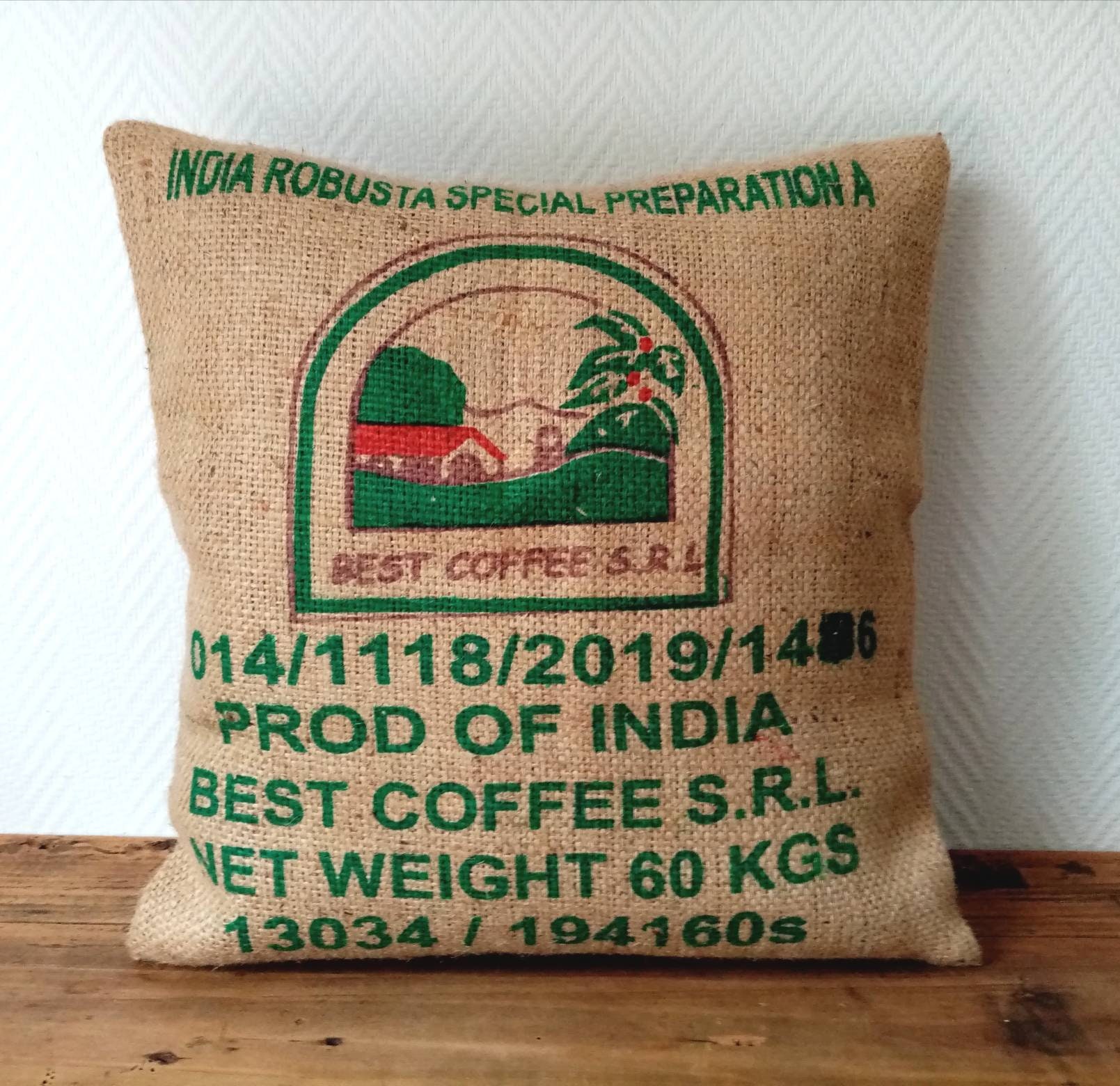 Housse de Coussin Best Coffee en Toile Jute, Sac à Café Recyclé d'inde, 45x45cm