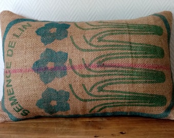 "FLEURS DE LIN" cushion cover in burlap, recycled bag from French organic farming, 40X60cm