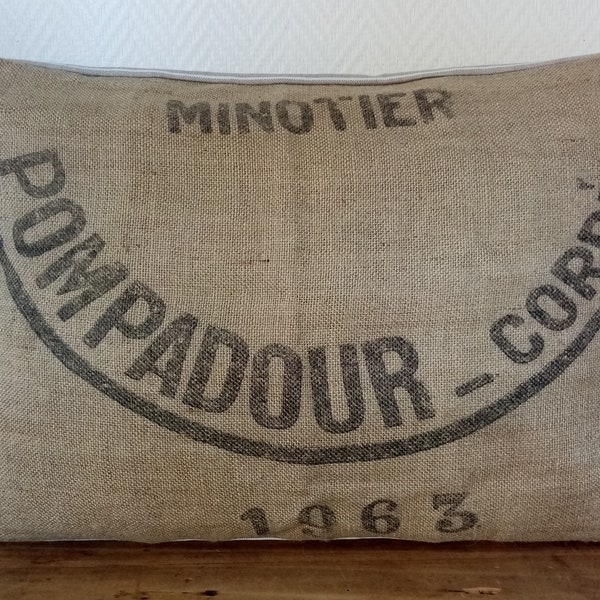 Housse de cousin "POMPADOUR" en toile de jute et toile à matelas en coton, ancien sac de minotier recyclé, 40X60cm