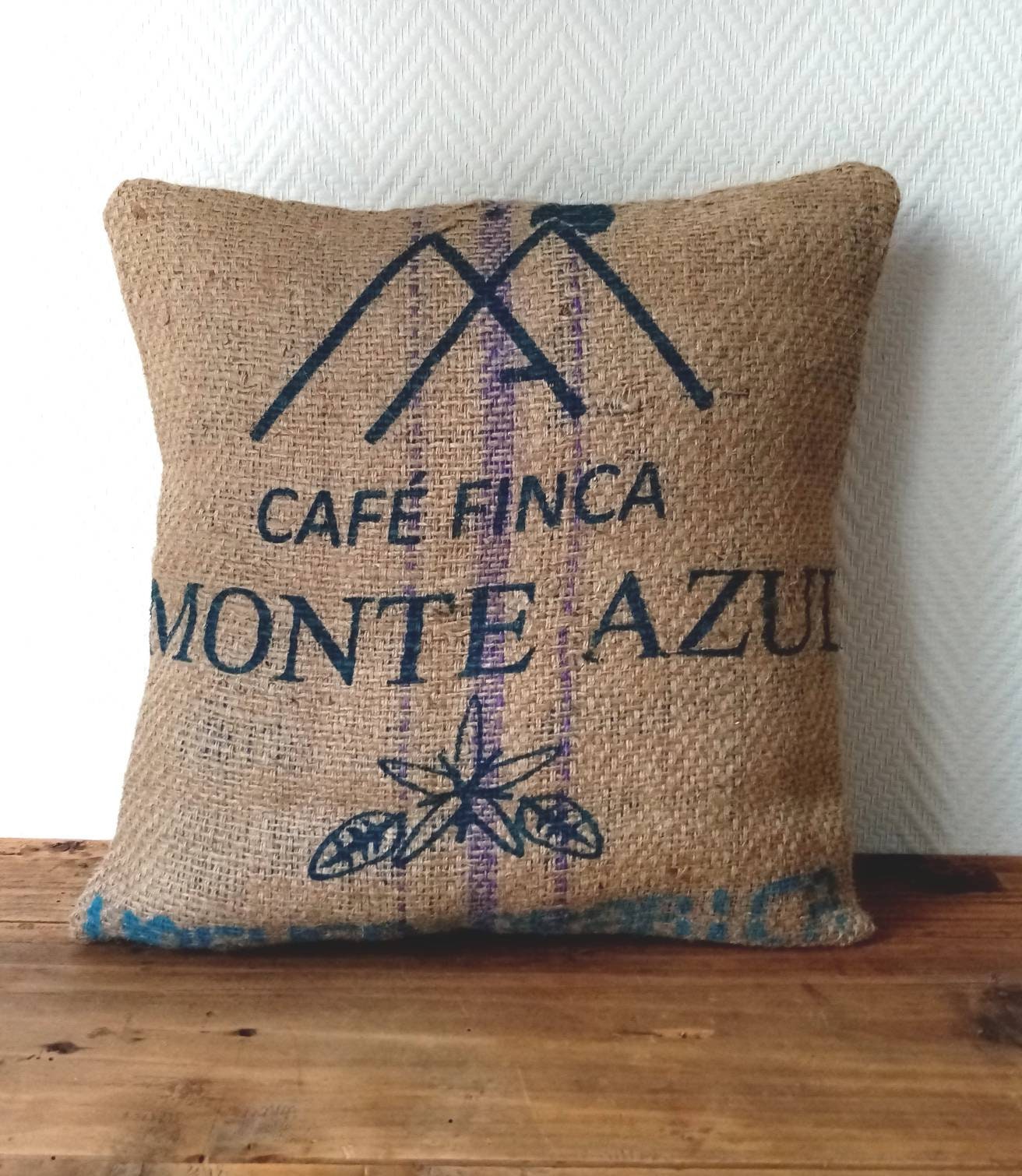 Housse de Coussin Monte Azul en Toile Jute, Sac à Café Recyclé Du Mexique, 40x40cm