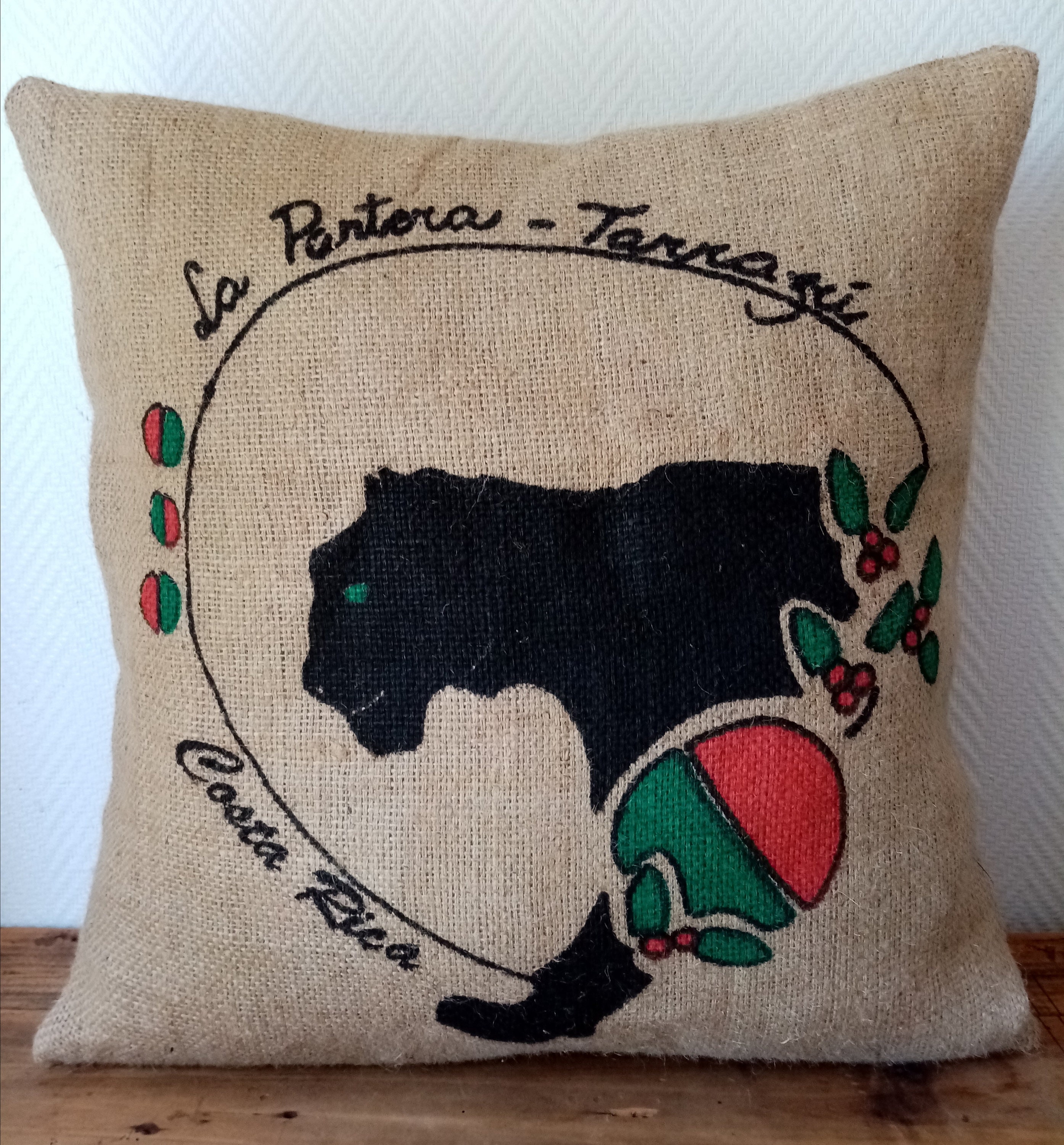 Housse de Coussin Pantera en Toile Jute, Sac à Café Recyclé Du Costa Rica, 60x60cm