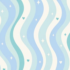 Puede incluir: Un patrón repetitivo con rayas onduladas verticales en tonos alternos de azul claro, verde azulado y crema. El diseño está decorado con pequeñas estrellas de cuatro puntas dispersas y diminutos corazones sólidos sobre el fondo ondulado.