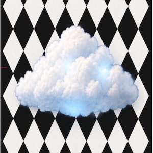 May include: A rectangular card featuring a repeating black and white diamond harlequin pattern across the entire surface. Centered on the card is a single, fluffy, white cumulus cloud with soft blue highlights and a glowing, ethereal appearance.