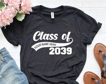 Clase de graduación de camiseta personalizada, clase de 2039, camisetas de graduación, camisas escolares, camisetas divertidas, camisetas para mujeres, camisetas para hombres