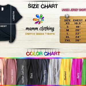 May include: Size chart for unisex short sleeve t-shirts with chest and length measurements in inches. Color chart showing 12 different t-shirt colors: white, heather peach, heather mauve, heather dark grey, black, heather navy, athletic heather, mustard, berry, leaf, and heather sea green.