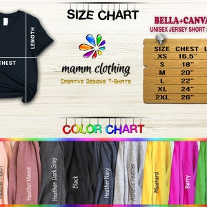 May include: Size chart for Bella + Canvas 3001 unisex jersey short sleeve tee. The chart shows chest and length measurements in inches for sizes XS, S, M, L, XL, and 2XL. Colour chart shows 10 different colours: white, heather peach, heather mauve, heather dark grey, black, heather navy, athletic heather, mustard, berry, leaf, and heather sea green.