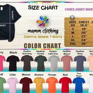 May include: Size chart and color chart for unisex short sleeve t-shirts. The chart shows sizes XS to 2XL with corresponding chest and length measurements in inches. The color chart shows 16 different colors, including autumn, berry, black, heather dark grey, heather forest, heather light grey, heather mauve, heather navy, heather peach, H. Sea green, kelly, leaf, lilac, maroon, mustard, orange, red, true royal, white, and sand.