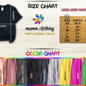 Puede incluir: Tabla de tallas para camisetas de manga corta unisex con medidas de pecho y largo en pulgadas. Carta de colores que muestra 12 colores de camisetas diferentes: blanco, melocot&oacute;n jaspeado, malva jaspeado, gris oscuro jaspeado, negro, azul marino jaspeado, jaspeado atl&eacute;tico, mostaza, baya, hoja y verde mar jaspeado.