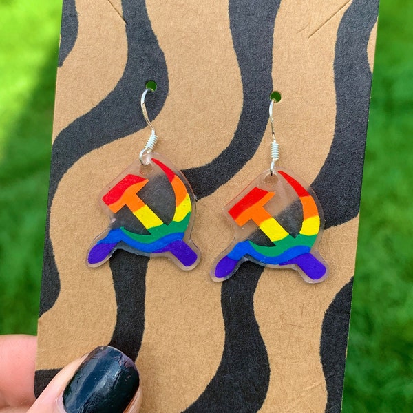 Rainbow Hammer and Sickle Earrings  /  Choose standard earrings or clip-ons  /  Pride Communist Communism Commie Left Wing LGBTQ LGBT Queer