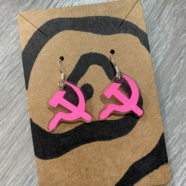 Handmade Pink Communist Hammer and Sickle Earrings / Choose Standard Earrings or Clip Ons / Pastel Communism Socialism Anti Capitalist