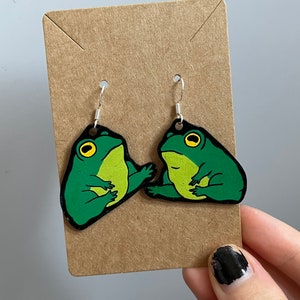 Green Frog Earrings  /  Choose standard earrings or clip-ons!  /  Cute Jewellery Funny Frog Frogs Cartoon Fairycore Goblincore Alt