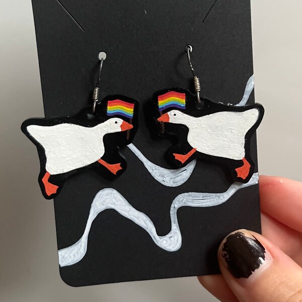 Handmade Pride Flag Goose Earrings  /  Choose regular earrings or clip-ons! / Rainbow Goose Gay Bi Lesbian Trans Non Binary NB Ace
