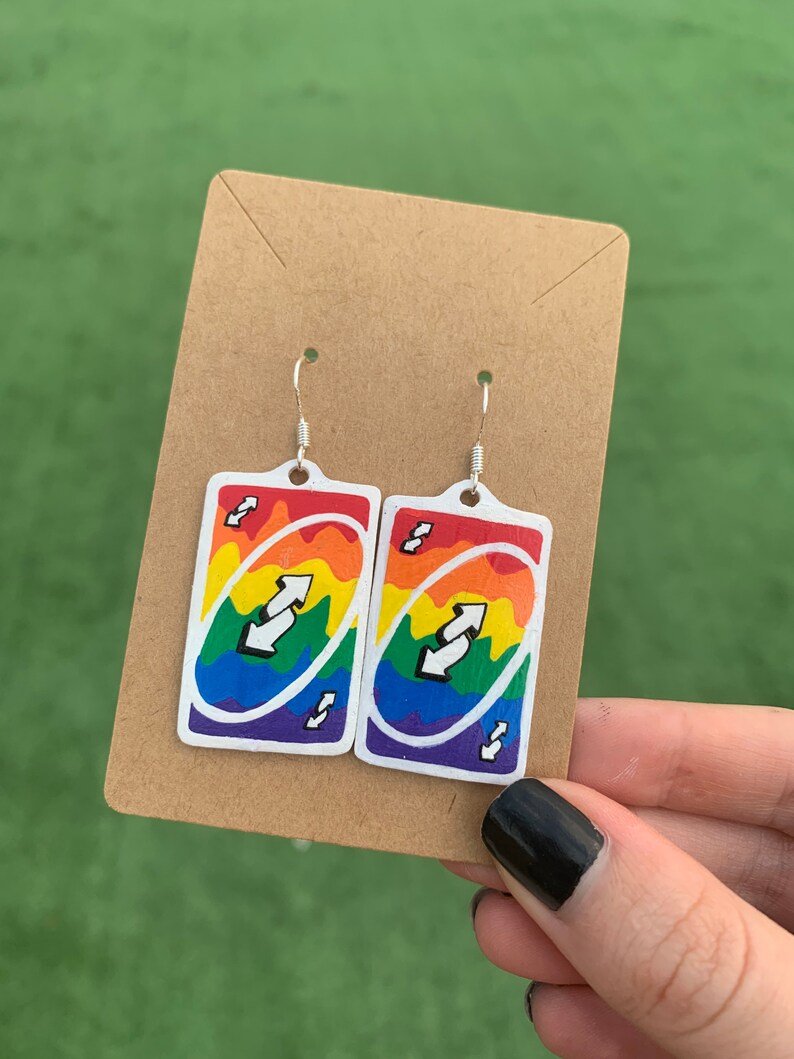 Rainbow LGBTQ Uno Reverse Card Earrings image 0.