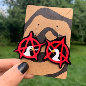 Handmade Anarchy Goose Earrings  /  Choose standard earrings or clip-ons!  /  Anachy Anarchist Goose Chaos Leftist LGBTQ Cute Funny