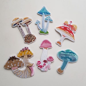 6 x Mushroom Embroidered Patches - Choice of Iron-On or Self-Adhesive - Various Sizes - UK Dispatch + FREE UK Postage