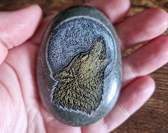 Decorative Engraved Wolf Art Stone - Howl at The Moon - Indoor or Outdoor - Unique One-Off Item