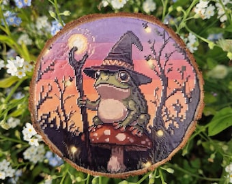 Wizard Frog Wood Slice - 3D Textured Pixel Art Wall Decor - Witchy Fantasy Gift
